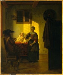 A Couple Playing Cards, With A Serving Woman — Pieter De Hooch