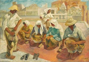 Diffone Workers Mending The Roof Of The Officers' Mess, Floriana — Leslie Cole