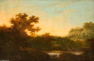 River Landscape, With Fisherman — George Smith
