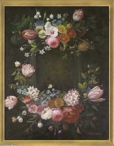 Parrot Tulips, Roses, Snow Drops And Alstroemeria Arranged Around An Alcove, — Thomas George Webster