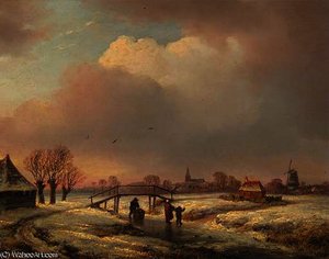 A winter landscape with figures on a frozen waterway