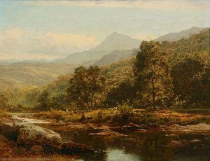 AN ISLAND ON THE LLUGWY, CAPEL CURIG, WITH ANGLER