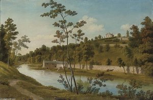 A Wooded River Landscape With A Mill, A Stately Home On A Hill Beyond — John Knox