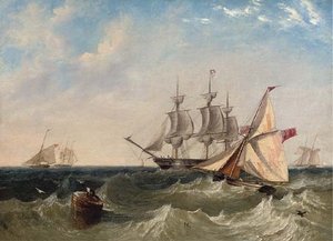 Naval Cutters Offshore With A Frigate Coming To Anchor, Probably At Spithead — John Wilson Carmichael