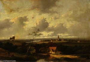 A Panoramic River Landscape With A Town In The Distance — Jan Evert Morel