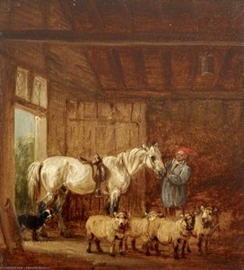 A White Horse With A Groom, And Sheep In A Barn