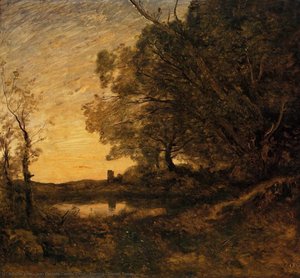 Evening - Distant Tower — Jean-baptiste-camille Corot, Impressionism