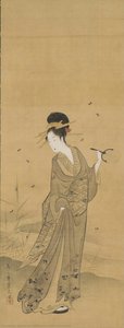 Beautiful Woman Enjoying Firefly Catching — Chobunsai Eisi