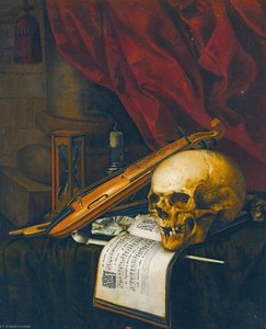 A Vanitas Still Life With A Skull, A Violin, A Musical Score, A Pipe And Tobacco, An Hourglass And A Candle On A Draped Table — Carstian Luyckx