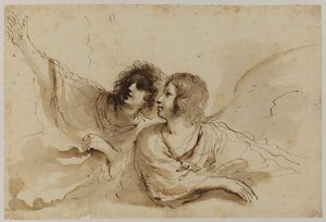 Two Angels, Looking Up To The Left, Leaning On A Cloud — Guercino