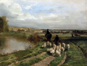 Sheep And Shepherd In A Landscape