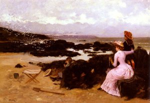 Femme et enfants sur la plage