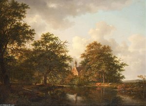 Figures And Cows At A Lake In A Wooded Landscape