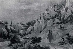 South Dakota Badlands, Train Coming Through Pass, (painting) — Von Luerzer