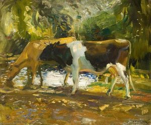 Cattle Watering In A Stream, Zennor, Cornwall — Sir Alfred James Munnings