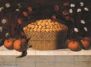 A Basket Of Apricots With Oranges On A Ledge Covered With A Cloth, Pinks Growing Behind — Blas De Ledesma