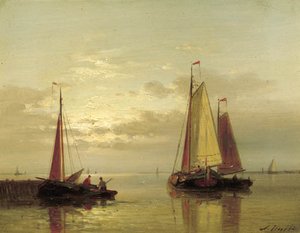 Sailing Vessels Near A Jetty At Dusk — Abraham Hulk Senior