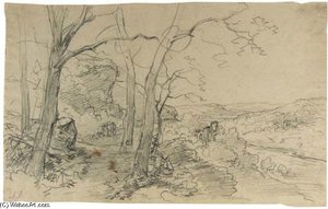 A Wooded River Landscape With Travellers Near A Ruin — Andreas Schelfhout