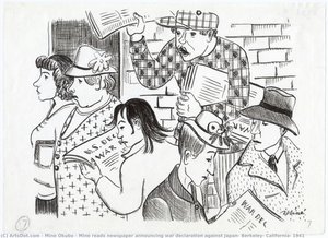 Mine Reads Newspaper Announcing War Declaration Against Japan, Berkeley, California, 1941 — Miné Okubo