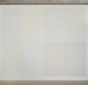 Wall drawing #338: Two part drawing. The wall is divided vertically into two parts. Each part is divided horizontally and vertically into four equal parts. 1st part: Lines in four directions, one direction in each quarter. 2nd part: Lines in four dir....