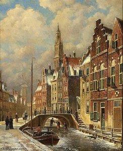 Skaters On A Canal In A Dutch Town — Oene Romkes De Jongh