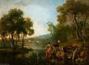 Landscape With Two Boys And A Dog By A River — George Barret The Elder