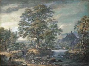 An Extensive River Landscape With Travellers — Paul Sandby