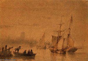 Marina With Ferry Sailing Ships And Signed — Andreas Schelfhout