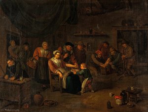 Interior Of A Surgery With A Woman Having Blood Let From The Arm, A Surgeon Treating A Man's Injured Foot, And Other Figures. — Egbert Jaspersz Van Heemskerck