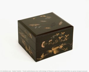 Tired Confectionery Box With Design Of Flowers, Grasses And Butterflies On Green Lacquer Ground. — Ikeda Taishin
