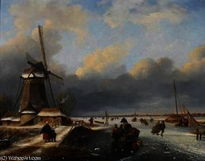 Skaters On A Frozen River — Nicolaas Johannes Roosenboom