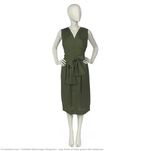 Day Dress Of Olive Green Silk Matelasse — Cristóbal Balenciaga Eizaguirre