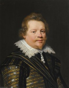 portrait of a gentleman wearing a black and gold embroidered doublet and a white ruff