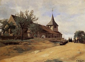 The Church At Lormes — Jean-baptiste-camille Corot, Romantic Landscape Painting