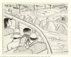 Bus Ride To Central Utah Relocation Project, Topaz, Utah, 1942 — Miné Okubo