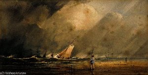 A Figure Standing On A Beach With Shipping Beyond — Anthony Vandyke Copley Fielding