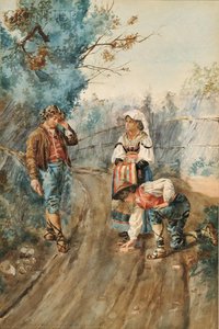 Peasants pausing on a country lane