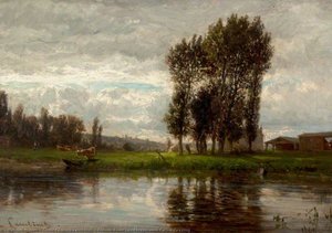 French River Landscape With Cattle Grazing — Emile Charles Lambinet, Realism