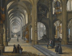 An interior of a Gothic church, facing eastwards
