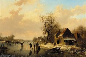 Skaters On A Frozen River Near A Dutch Town — Willem Vester