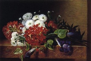 Iris, Dahlia, Pelargonium And Ivy Leaves On A Brown Marble Ledge — Johan Laurentz Jensen
