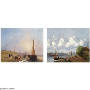 Figures Near A River, A Town In The Distance (a Pair)