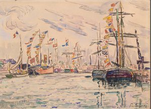 Sailboats With Holiday Flags At A Pier In Saint-malo — Paul Signac