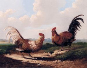 Roosters; And Rooster And Hen With Chicks — Albertus Verhoesen