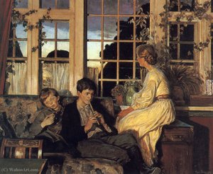 A Mother And Children By A Window At Dusk — Viggo Pedersen