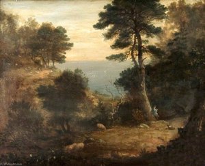 Drovers With Sheep On A Wooded Clifftop Path — Ambrose Bowden Johns