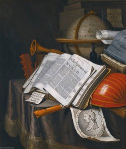 Vanitas still life with an upturned lute, a globe turned to the Pacific Ocean, an open copy of Rider Cardanus' The British Merlin , and an engraving of Caesar Octavianus Augustus