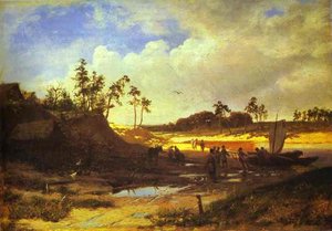 Peasants With A Boat On A Sandy Beach — Fyodor Alexandrovich Vasilyev, Realism