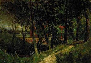 Untitled (landscape, Forest Scene With Red Fence And Building), (painting) — Edward Mitchell Bannister, Impressionism