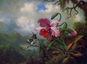 Orchid And Hummingbirds Near A Mountain Lake — Martin Johnson Heade